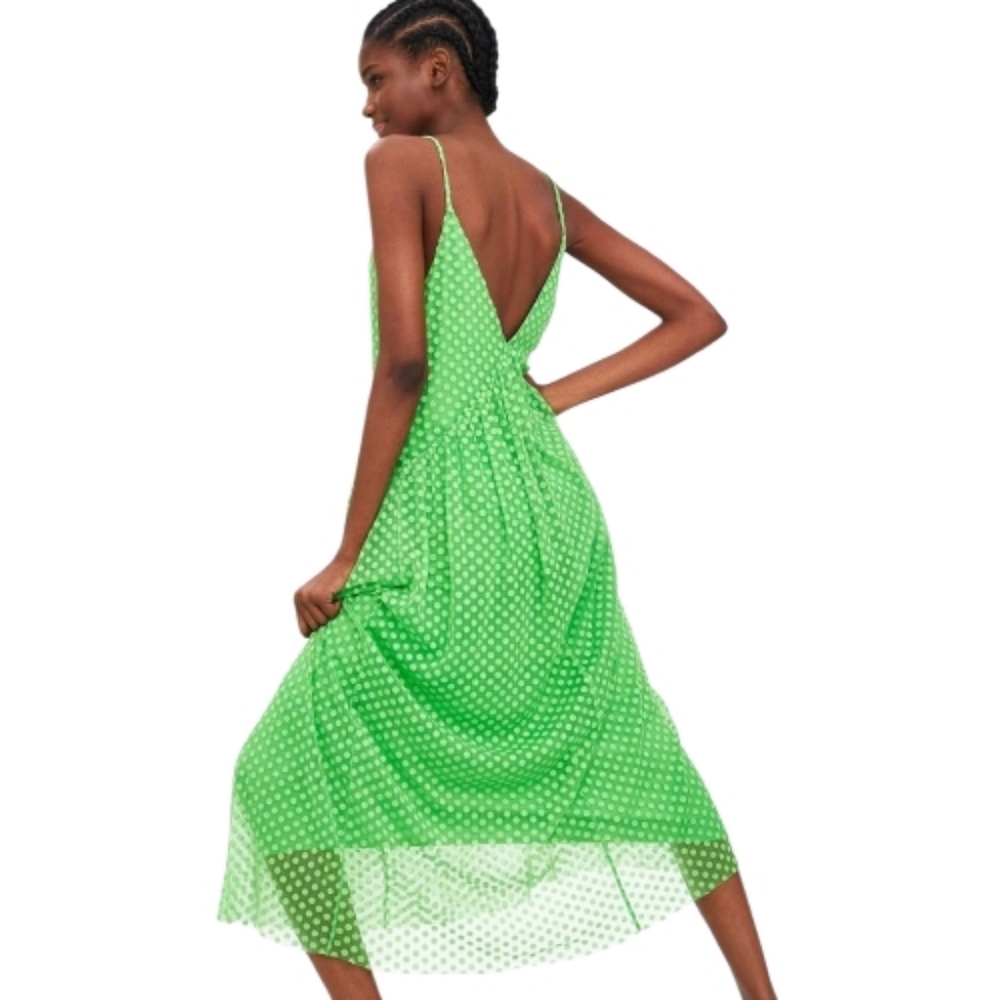 NEW Zara kelly green mesh tulle‎ polka dot midi dress S
